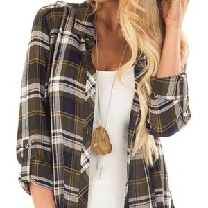 Relaxed Plaid Button-Down Shirt in Olive & Navy